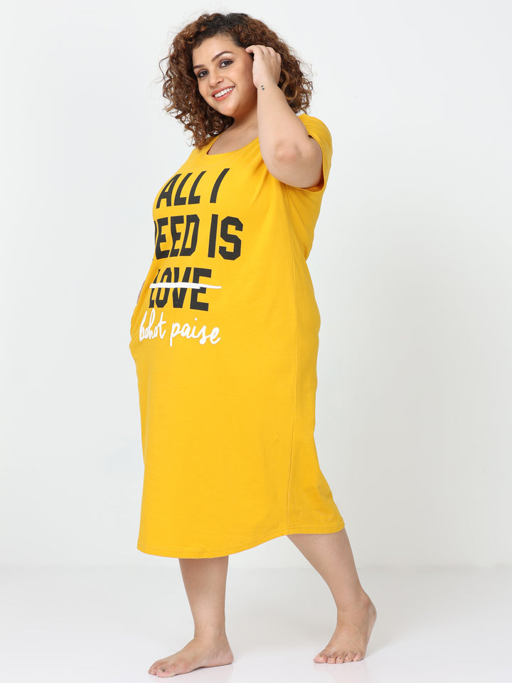 Butter yellow cotton printed short nighty dress for women