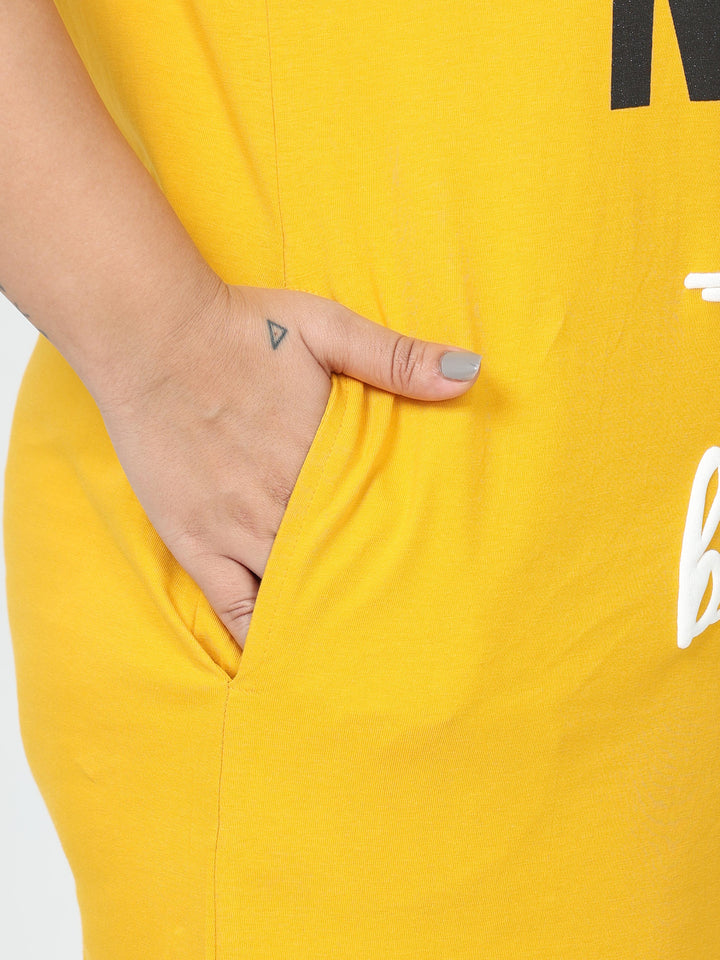 Butter yellow cotton printed short nighty dress for women