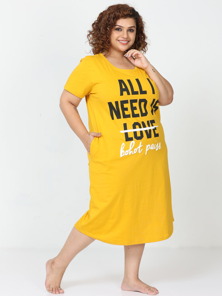 Butter yellow cotton printed short nighty dress for women