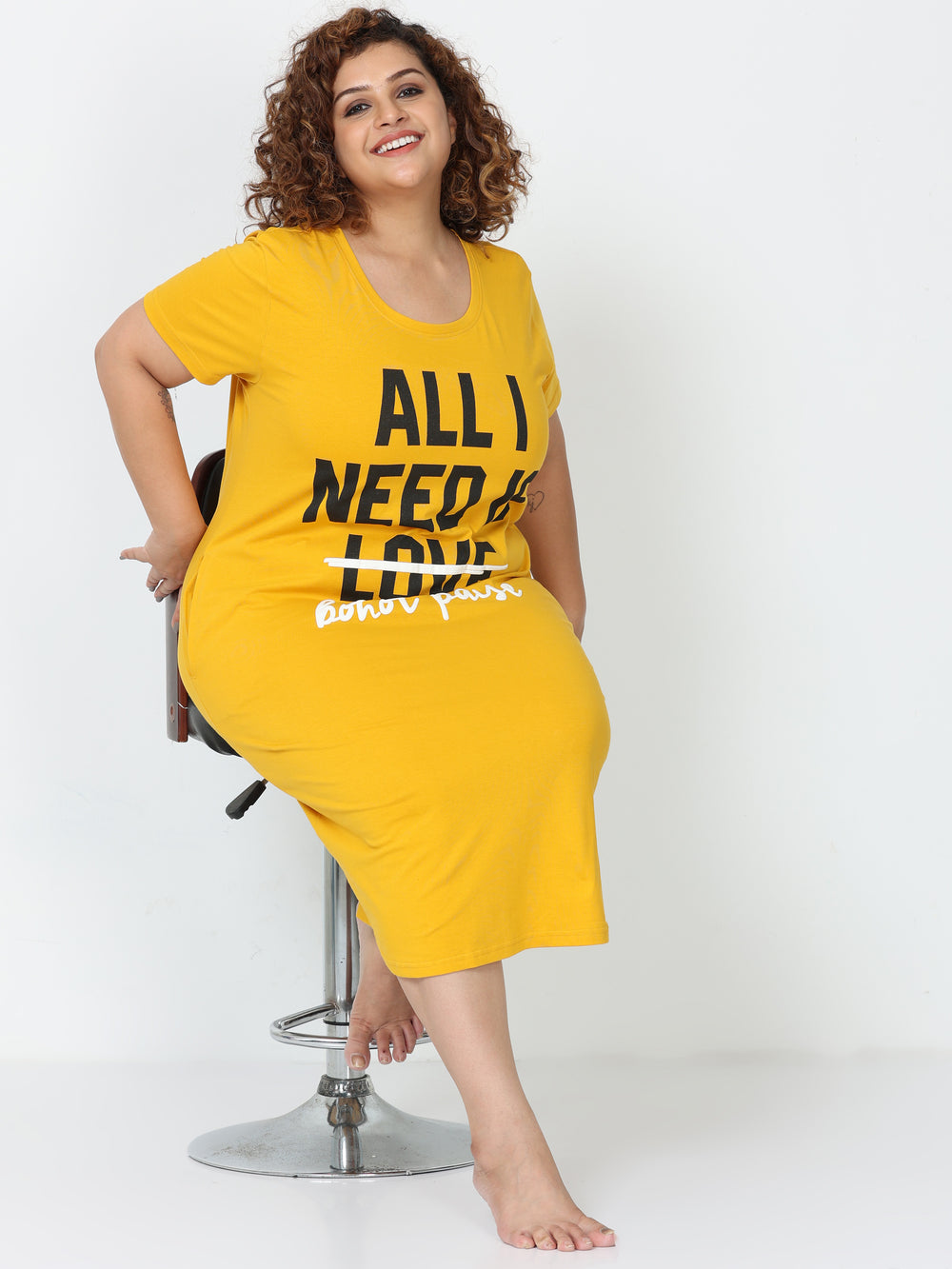 Butter yellow cotton printed short nighty dress for women