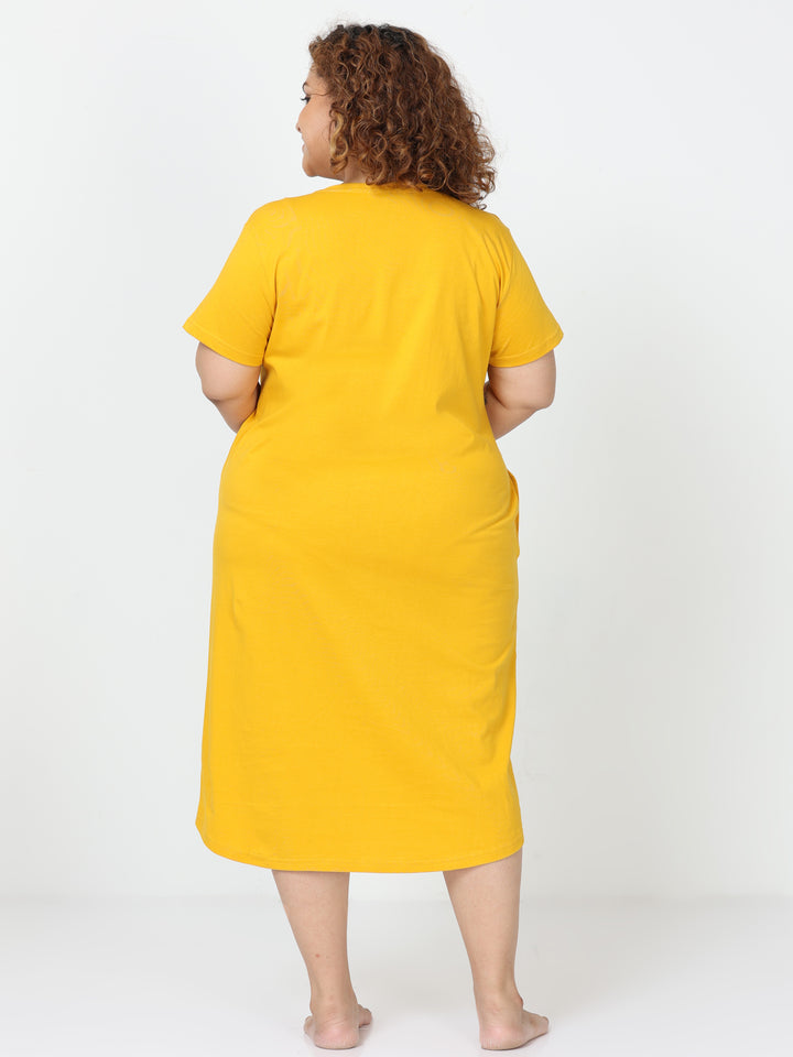 Butter yellow cotton printed short nighty dress for women