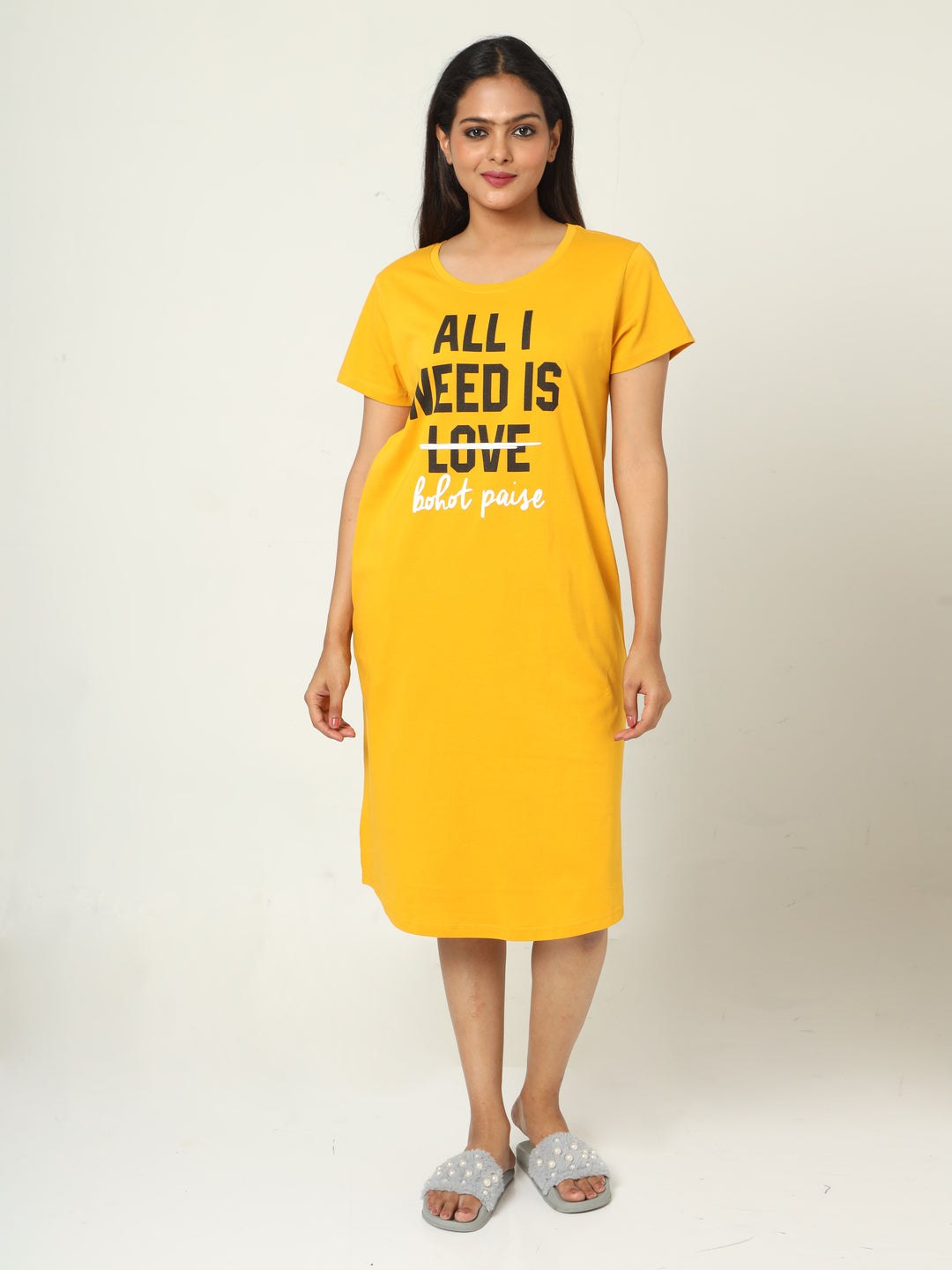 Butter yellow cotton printed short nighty dress for women
