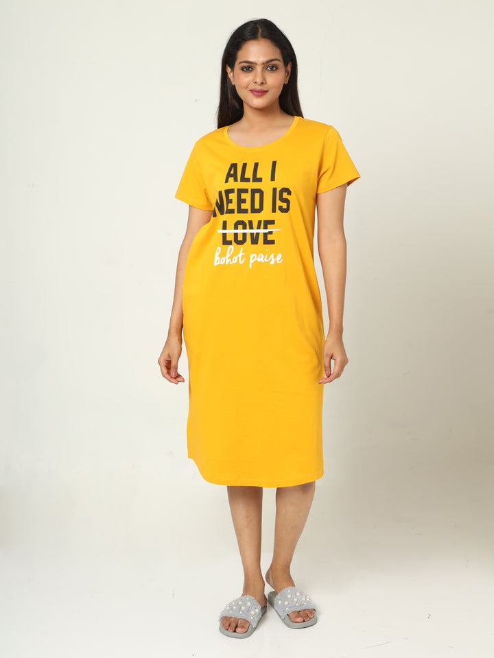 Butter yellow cotton printed short nighty dress for women