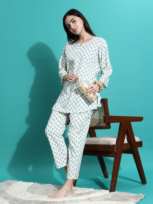Cream Blue Pure Cotton Co-ord Set for Women
