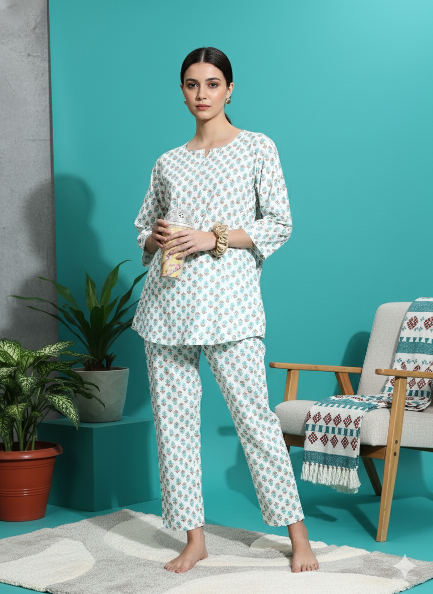 Cream Blue Pure Cotton Co-ord Set for Women