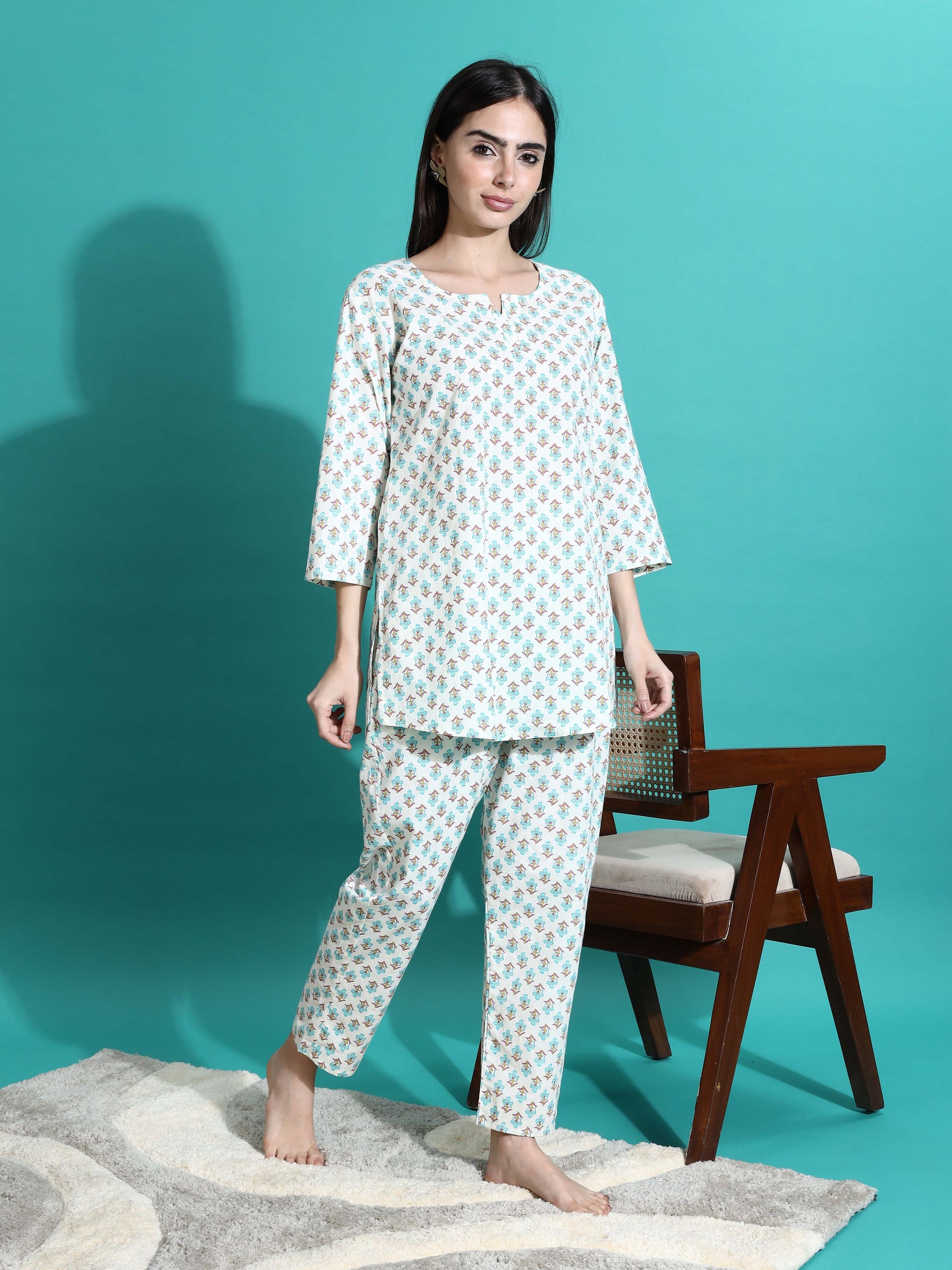 Cream Blue Pure Cotton Co-ord Set for Women