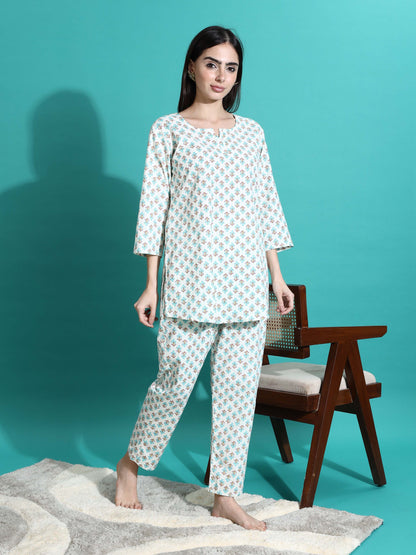 Cream Blue Pure Cotton Co-ord Set for Women