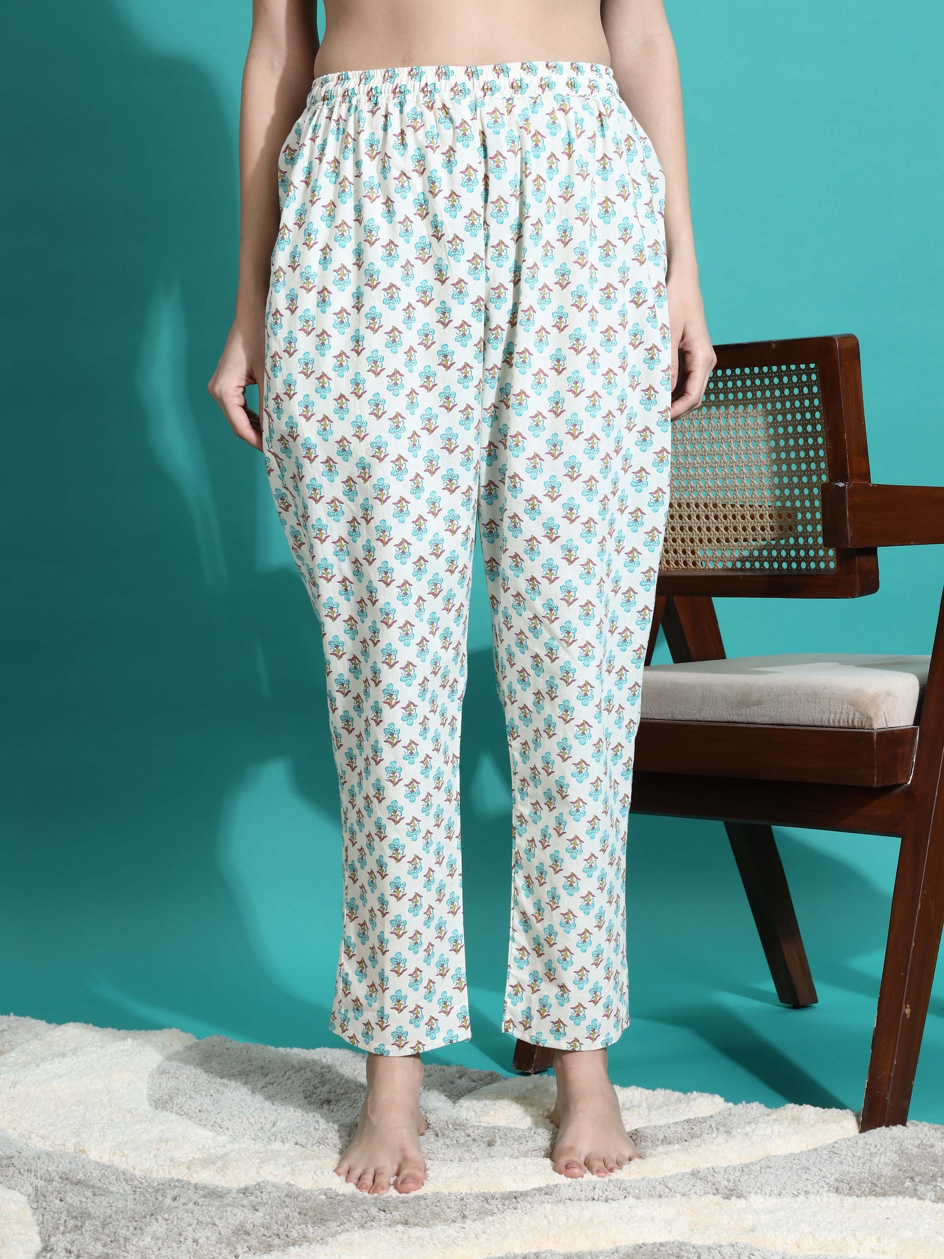 Cream Blue Pure Cotton Co-ord Set for Women