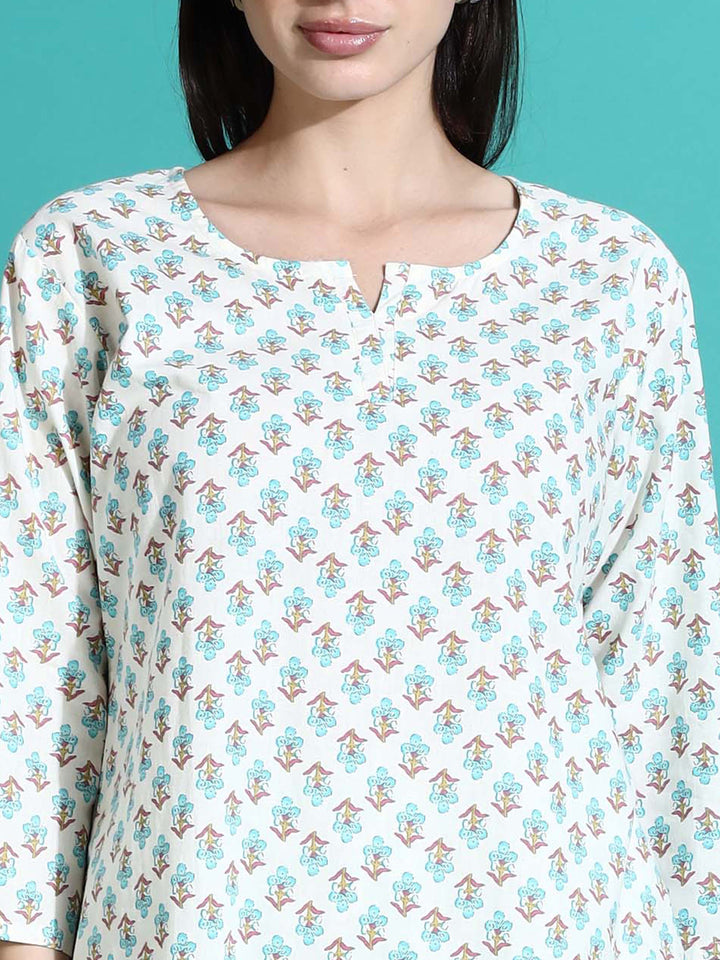 Cream Blue Pure Cotton Co-ord Set for Women