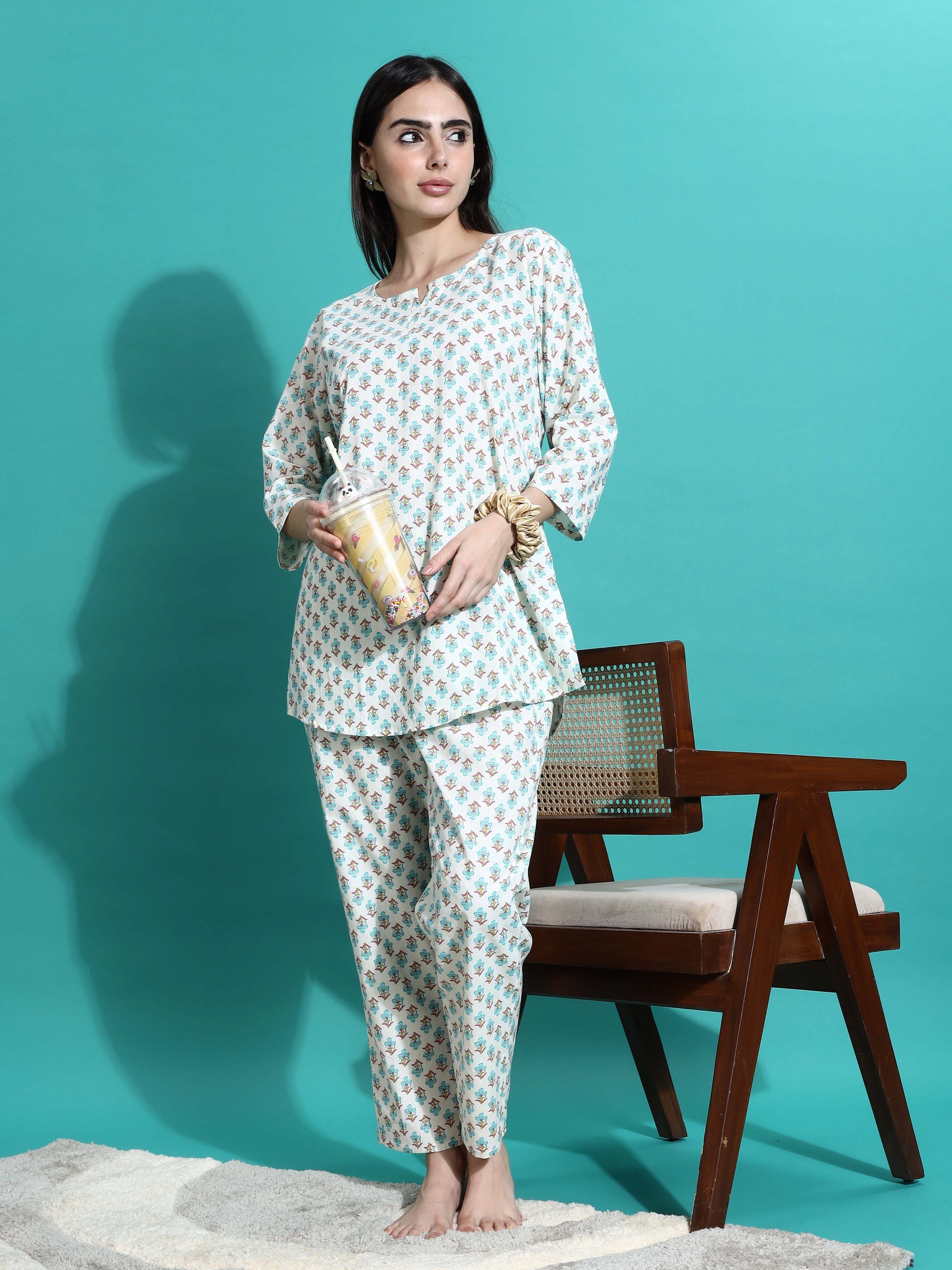 Cream Blue Pure Cotton Co-ord Set for Women