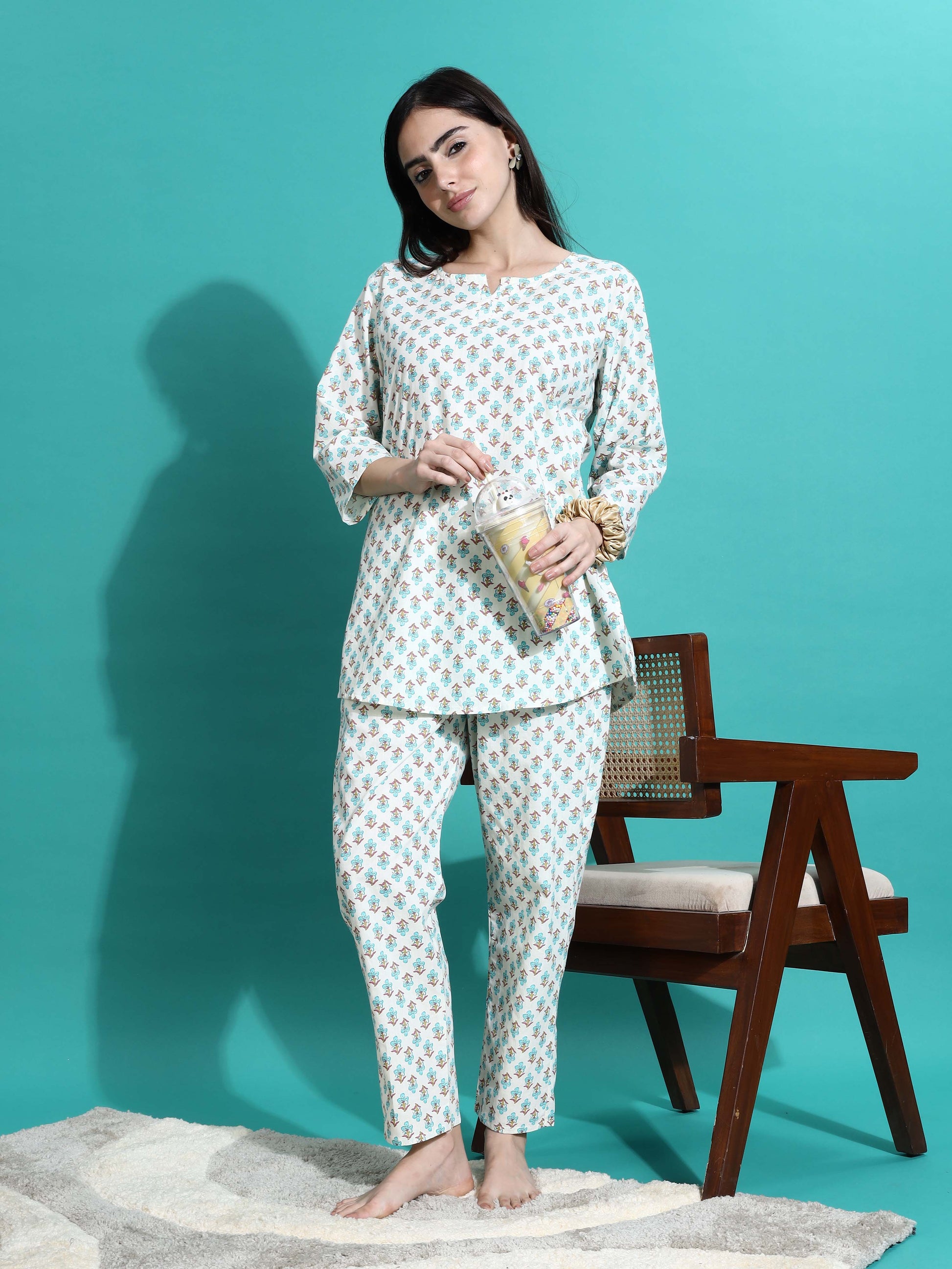 Cream Blue Pure Cotton Co-ord Set for Women