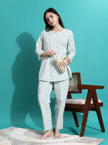 Cream Blue Pure Cotton Co-ord Set for Women