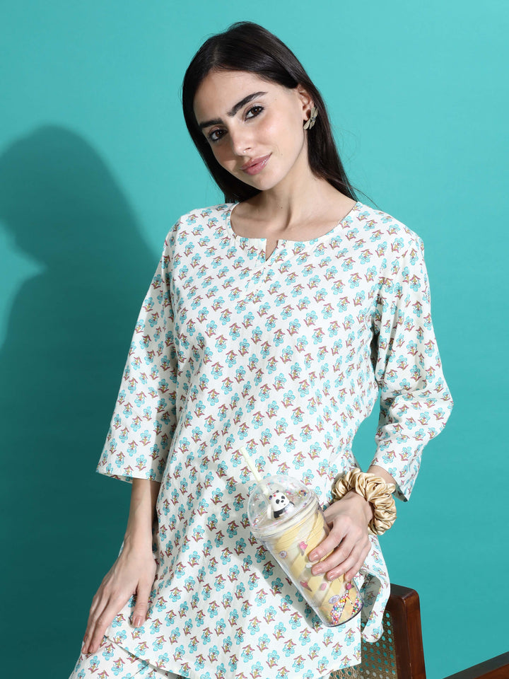 Cream Blue Pure Cotton Co-ord Set for Women