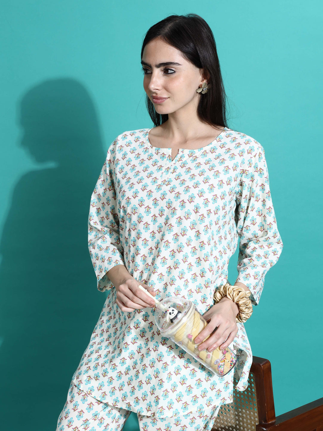 Cream Blue Pure Cotton Co-ord Set for Women