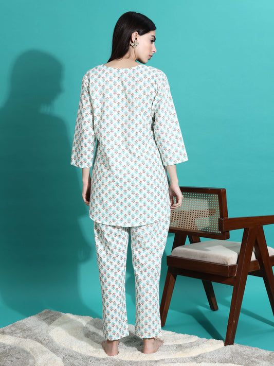 Cream Blue Pure Cotton Co-ord Set for Women