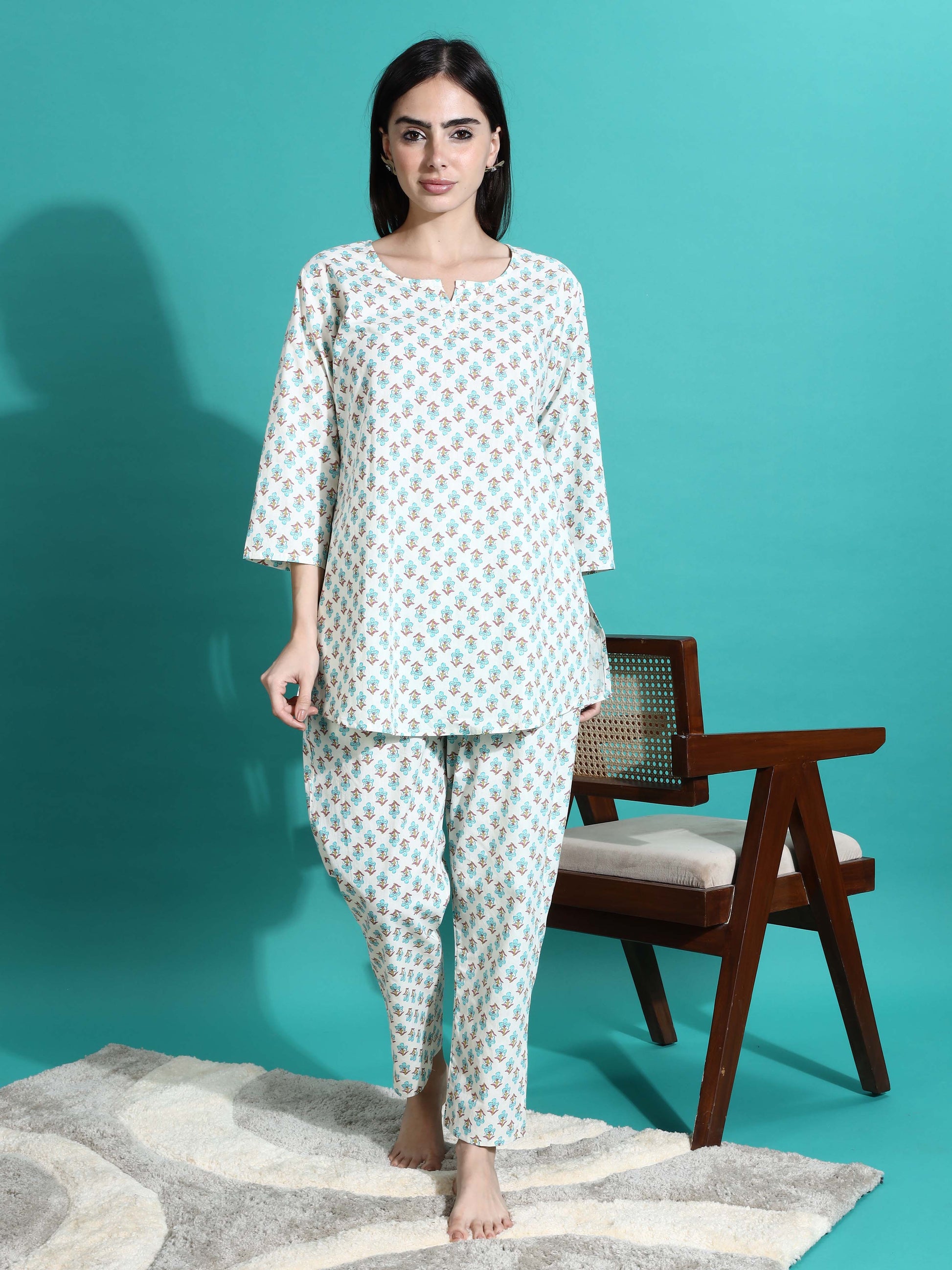 Cream Blue Pure Cotton Co-ord Set for Women
