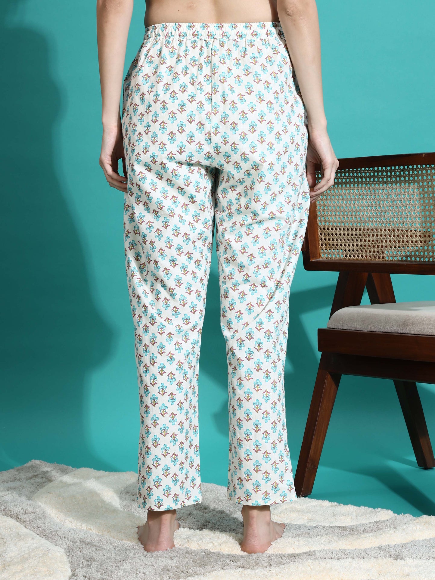 Cream Blue Pure Cotton Co-ord Set for Women