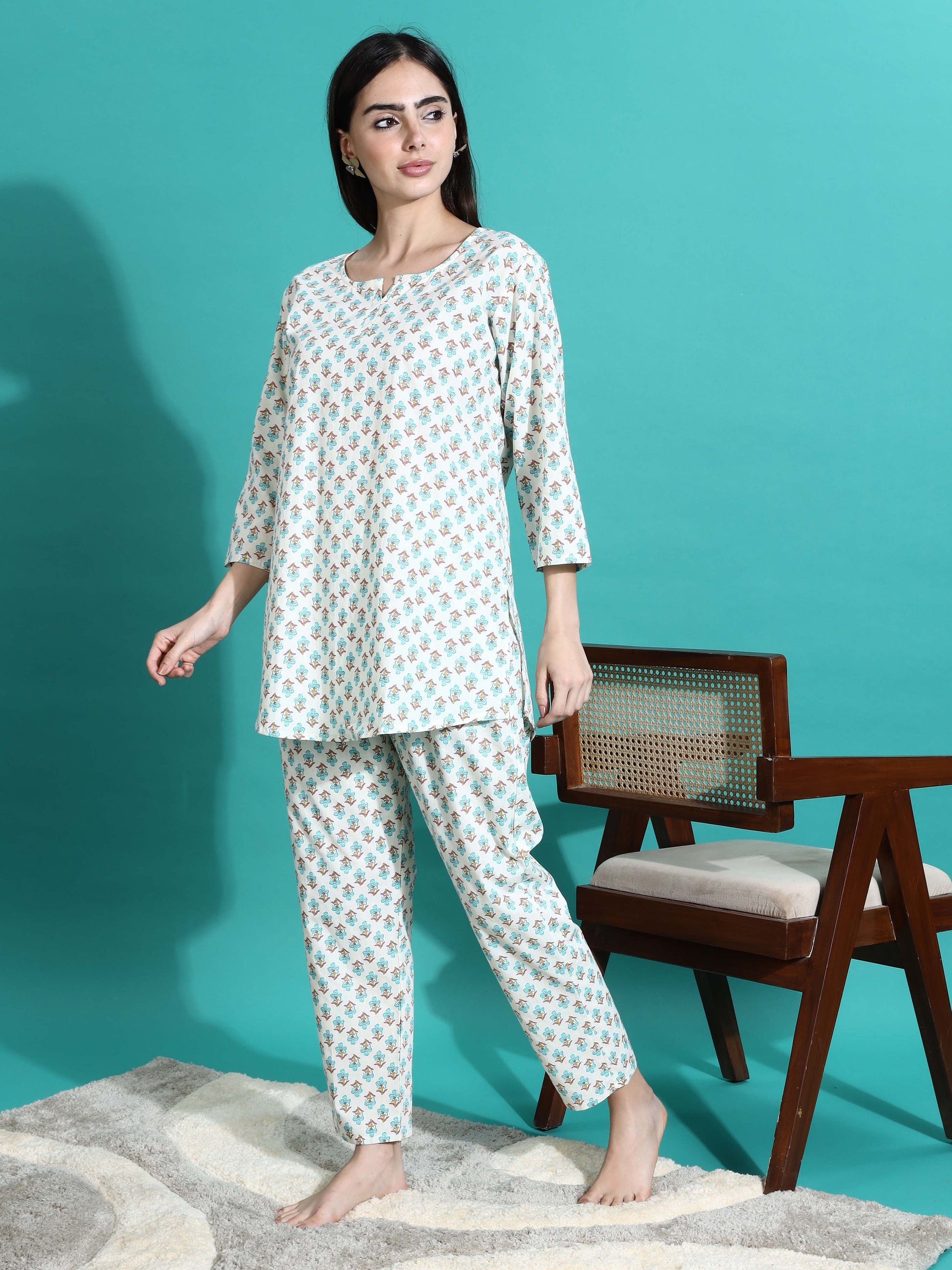 Cream Blue Pure Cotton Co-ord Set for Women