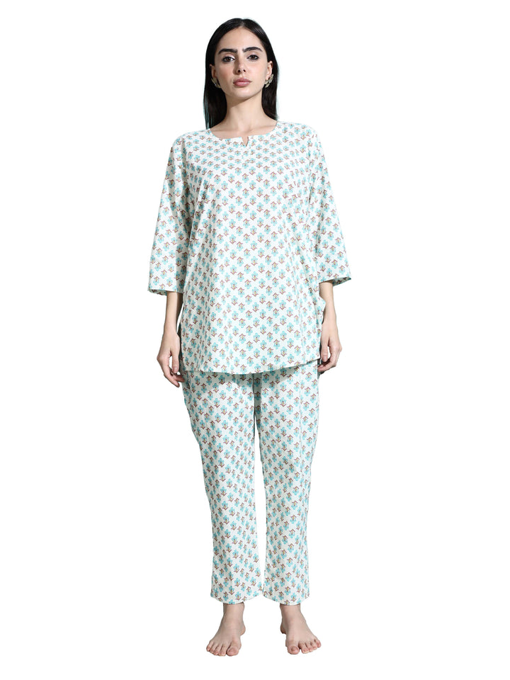 Cream Blue Pure Cotton Co-ord Set for Women