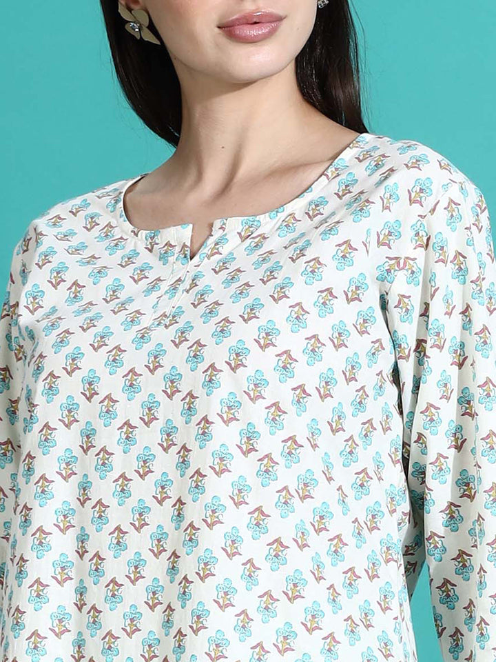 Cream Blue Pure Cotton Co-ord Set for Women