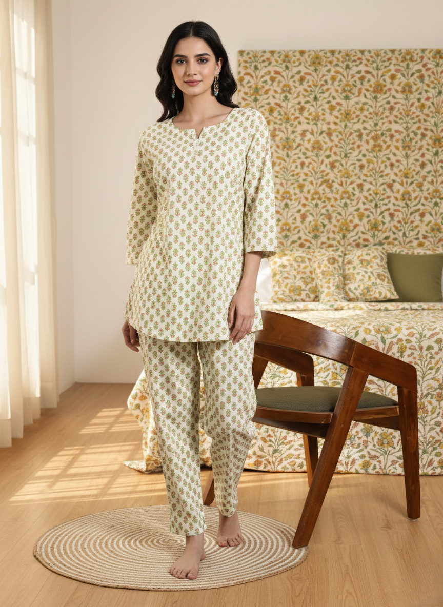 Cream Yellow Pure Cotton PJ Set for Women