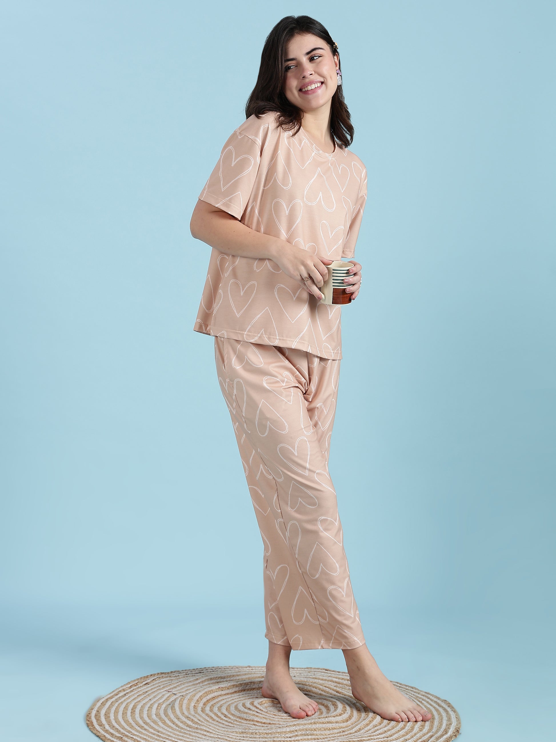 Creamy Heart Soft Stretch Pjs Womens Set In Premium Lycra 