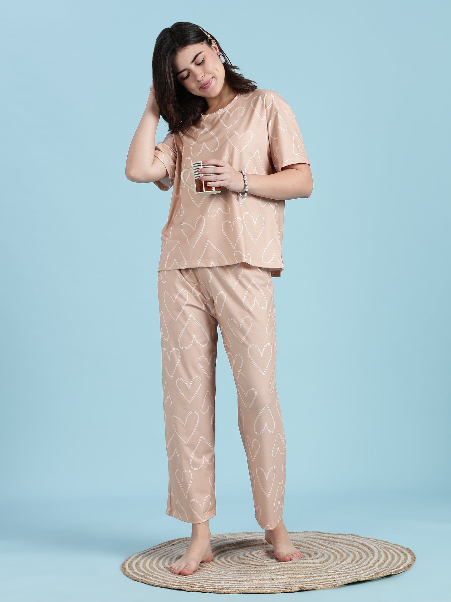 Creamy Heart Soft Stretch Pjs Womens Set In Premium Lycra