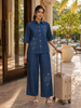 Dark Blue Denim Co Ord Set for Women with Floral Embroidery