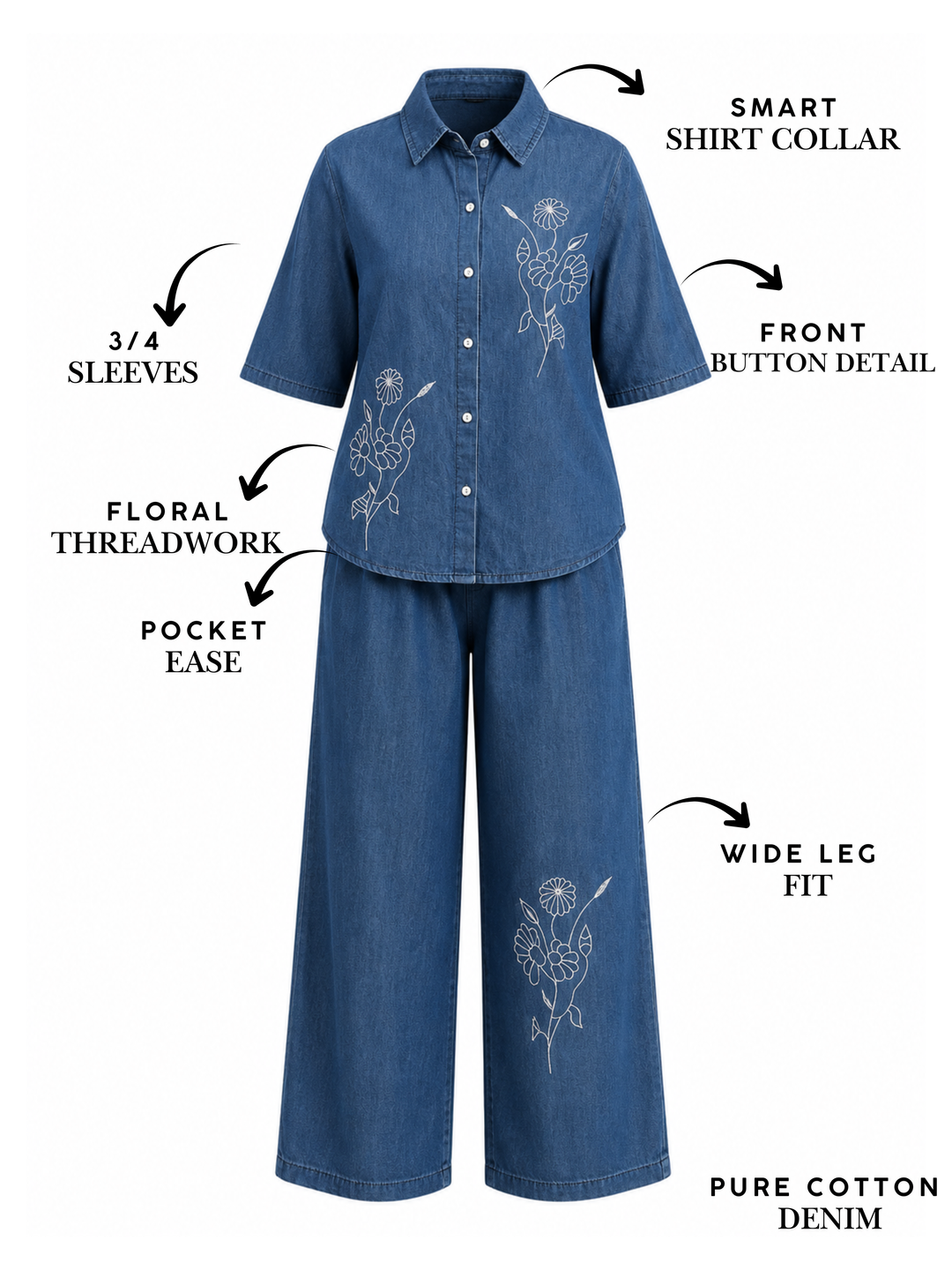 Light Blue Denim Co Ord Set for Women with Floral Embroidery