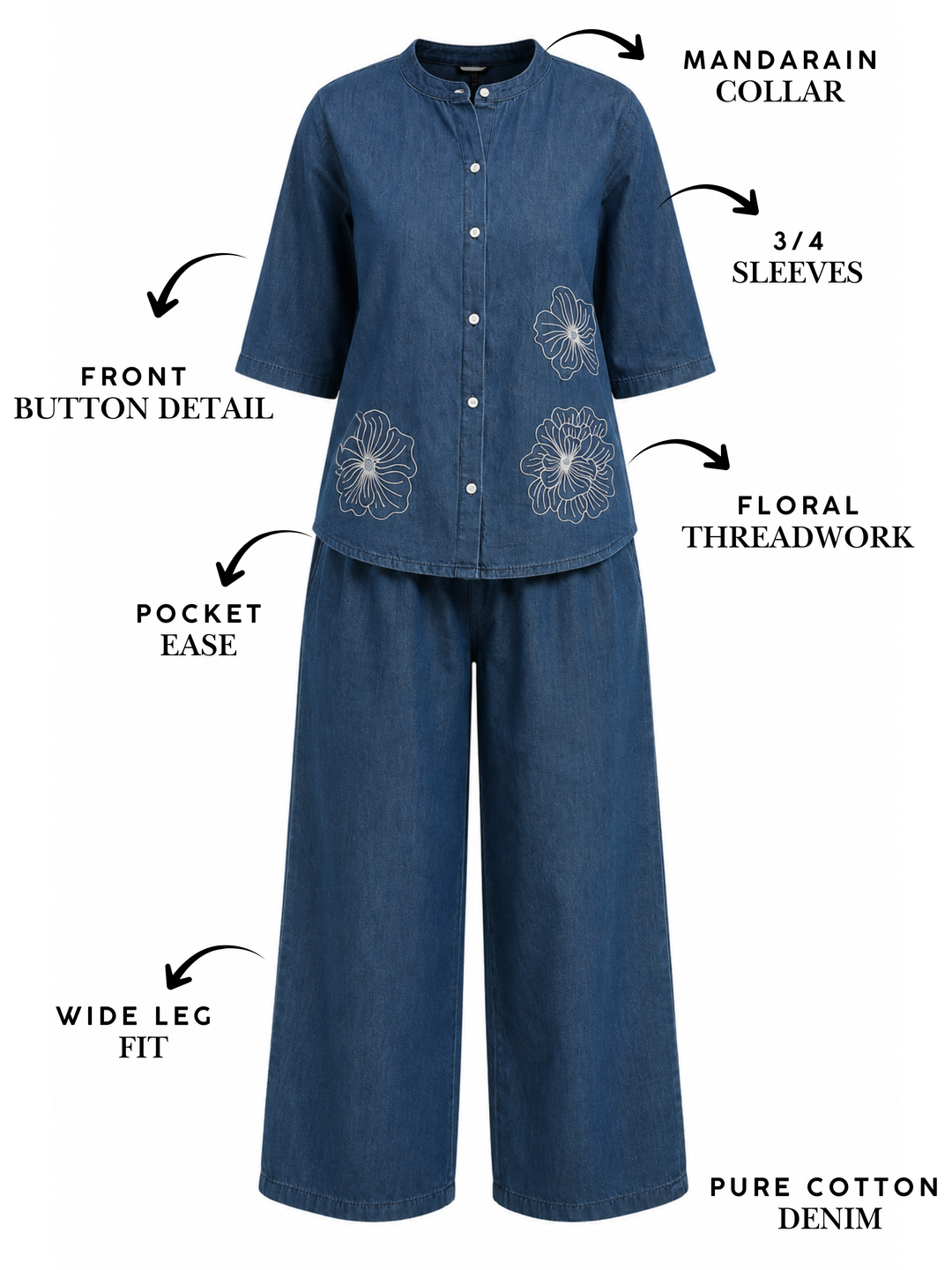 Denim Co Ord Set for Women with Floral Embroidery