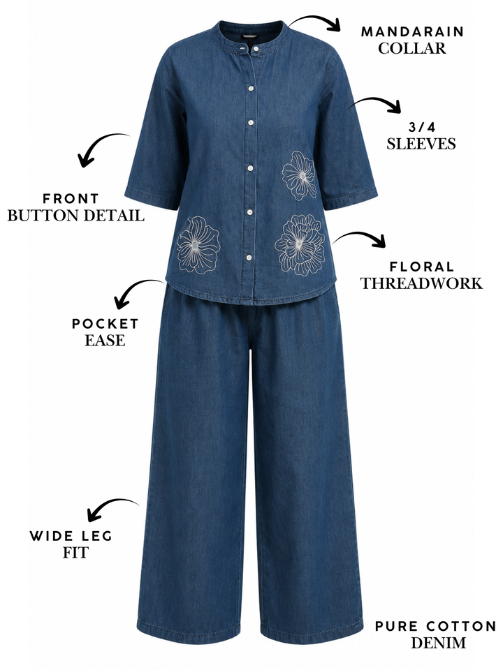 Denim Co Ord Set for Women with Floral Embroidery