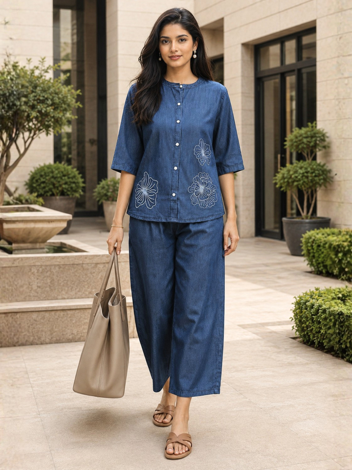 Light Blue Denim Co Ord Set for Women with Floral Design