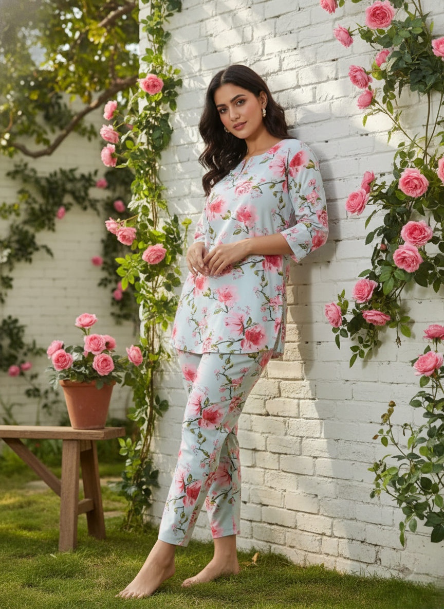 Dusty Rose Grey Floral Cotton Coord Set for Women