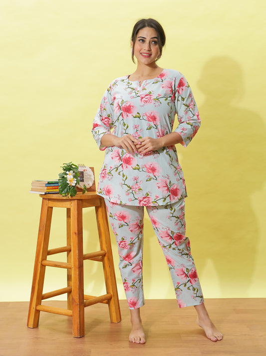 Dusty Rose Grey Floral Cotton Coord Set for Women