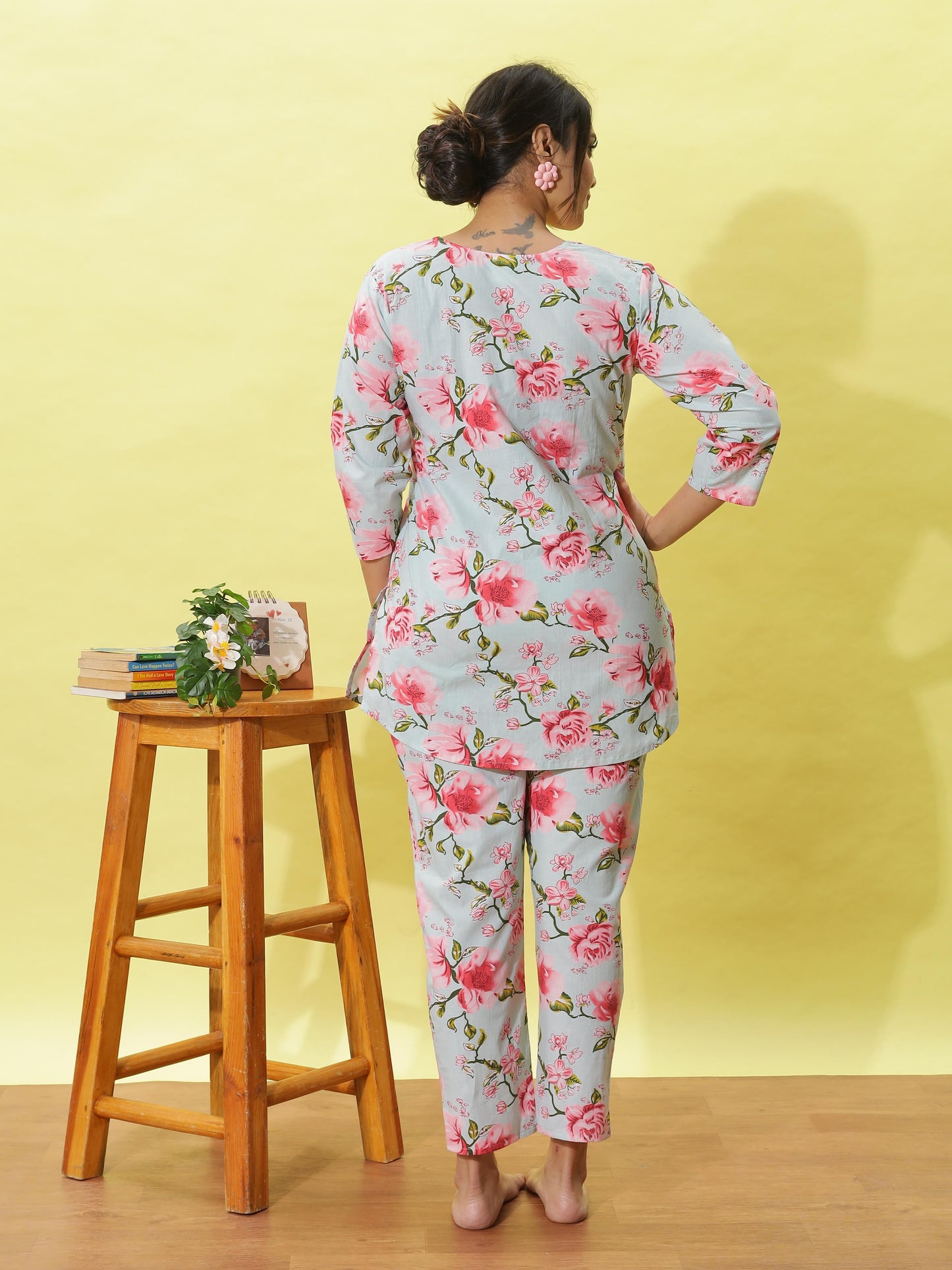 Dusty Rose Grey Floral Cotton Coord Set for Women Ideal for Street Style