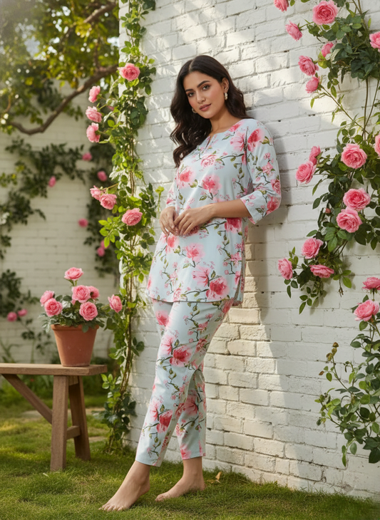 Dusty Rose Grey Floral Cotton Coord Set for Women Ideal for Street Style