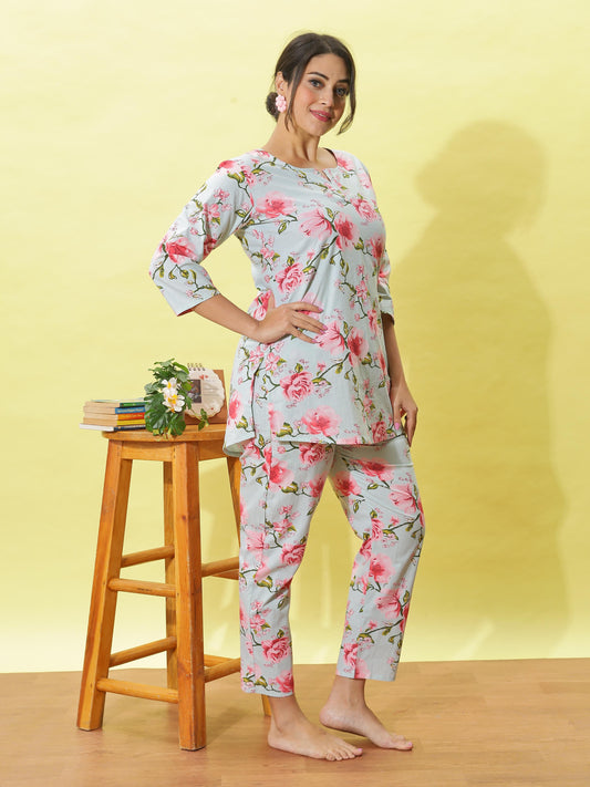 Dusty Rose Grey Floral Cotton Coord Set for Women