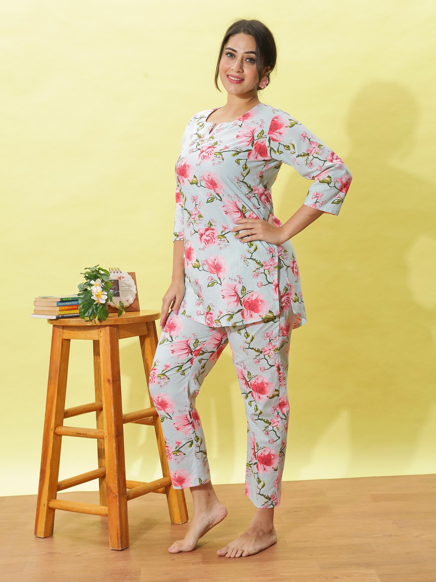 Dusty Rose Grey Floral Cotton Coord Set for Women