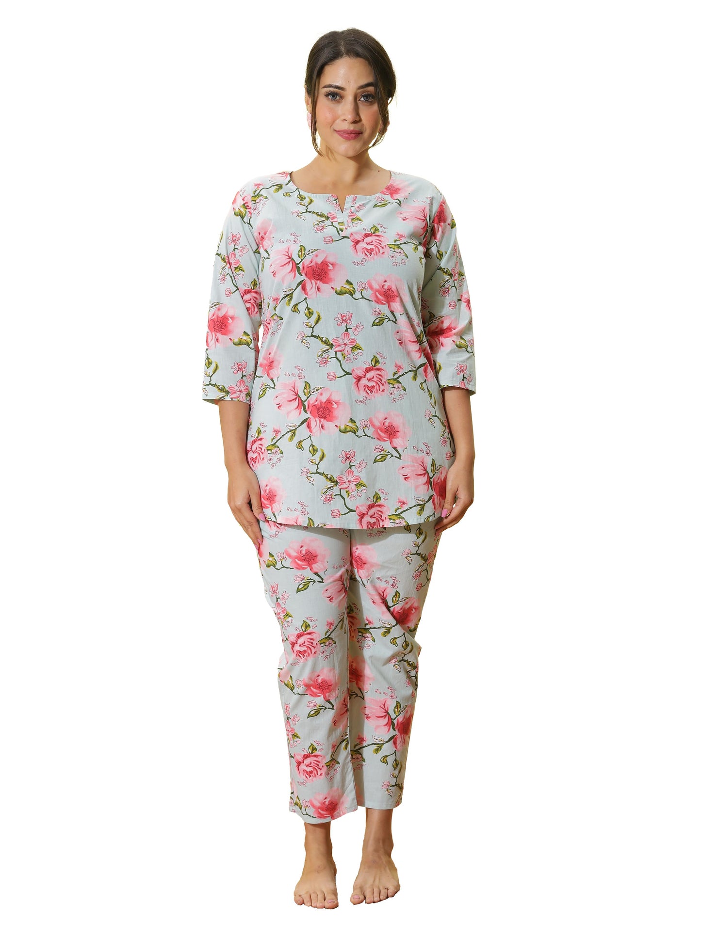 Dusty Rose Grey Floral Cotton Coord Set for Women