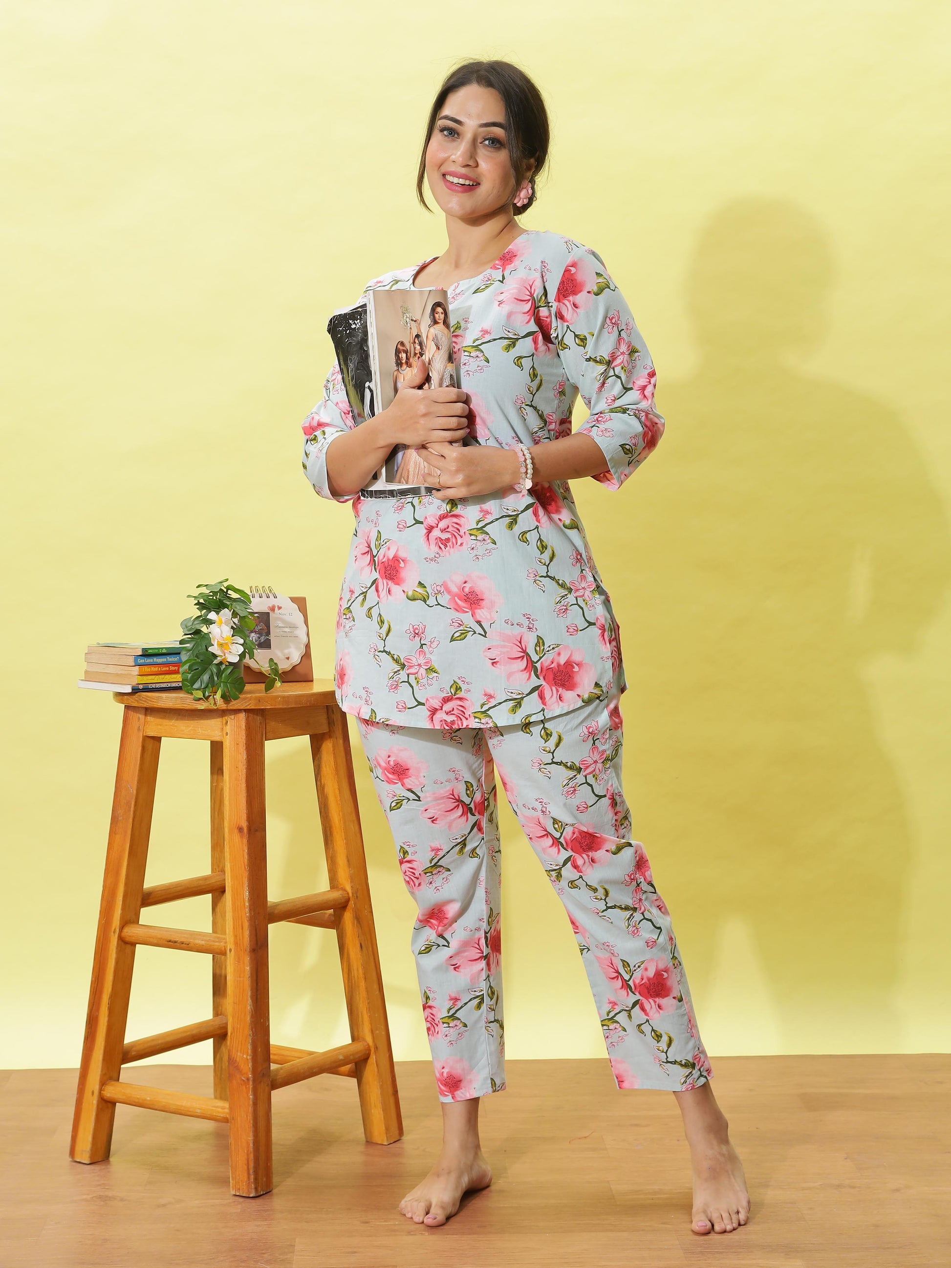 Dusty Rose Grey Floral Cotton Coord Set for Women