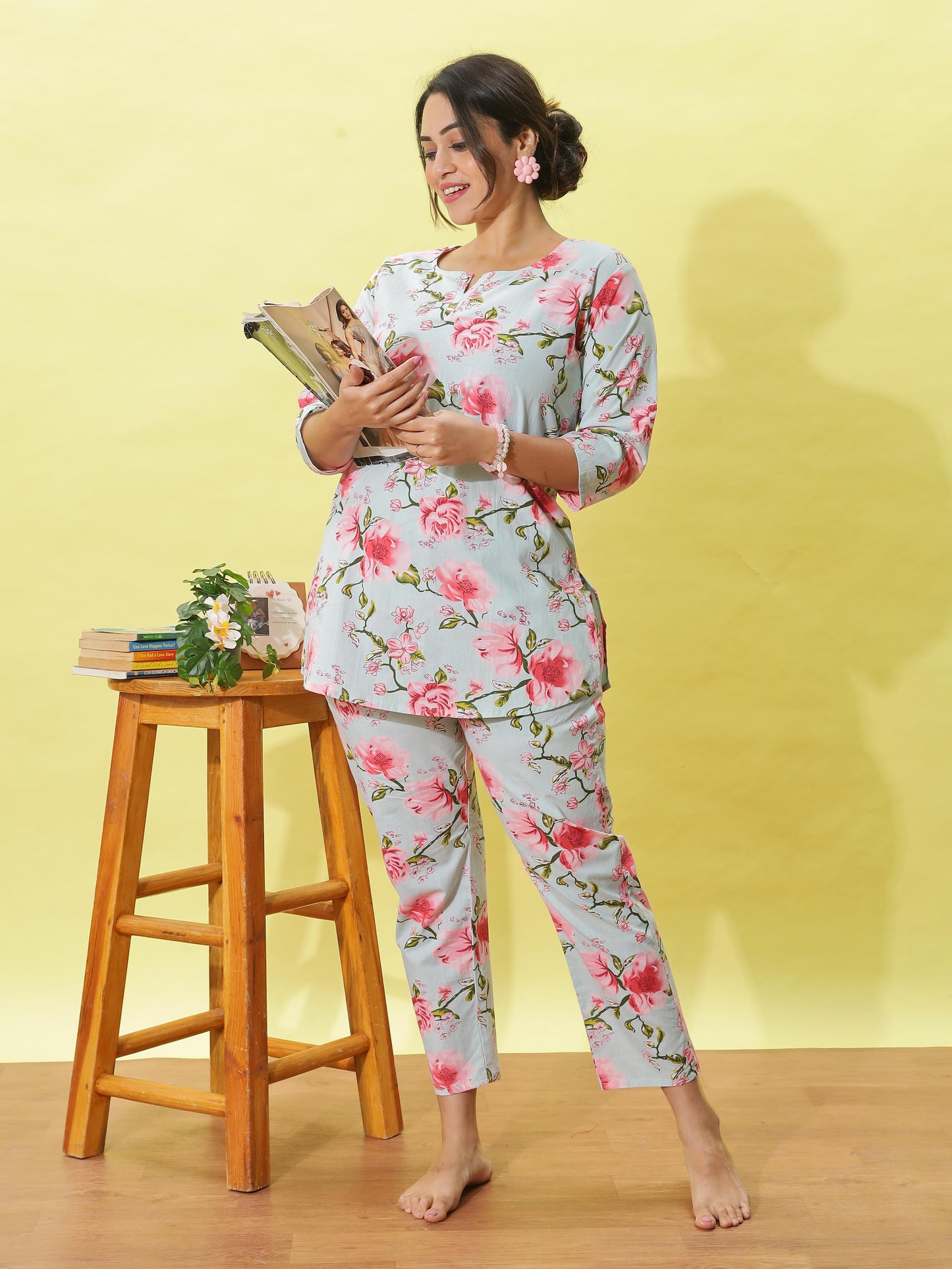 Dusty Rose Grey Floral Cotton Coord Set for Women