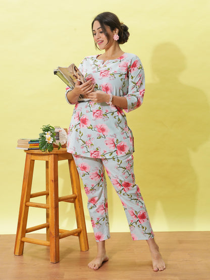 Dusty Rose Grey Floral Cotton Coord Set for Women