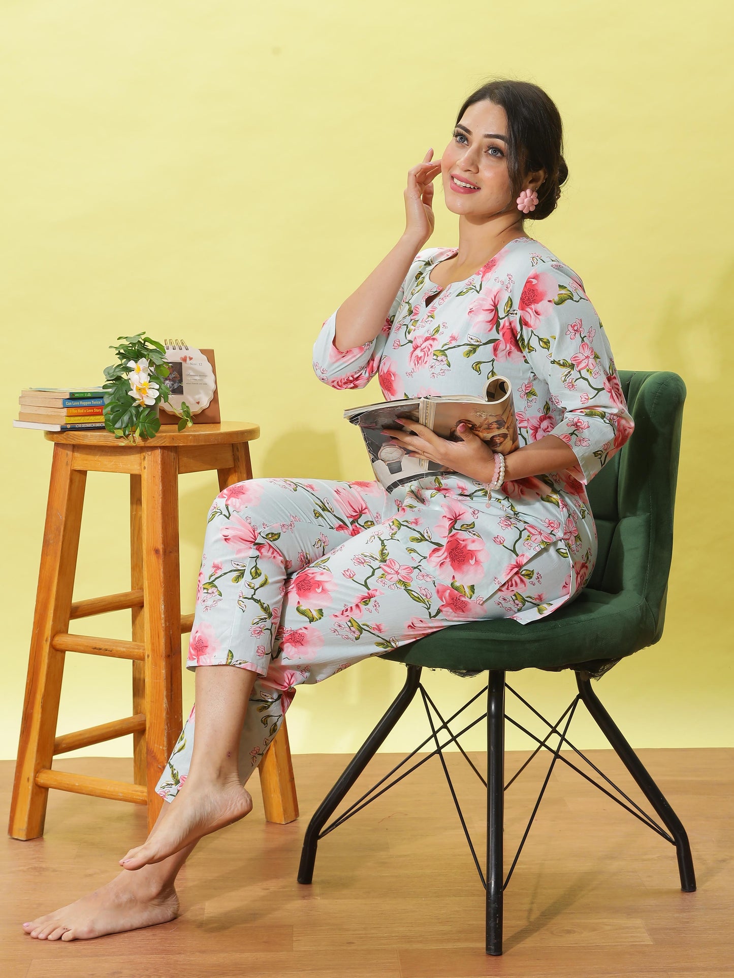Dusty Rose Grey Floral Cotton Coord Set for Women