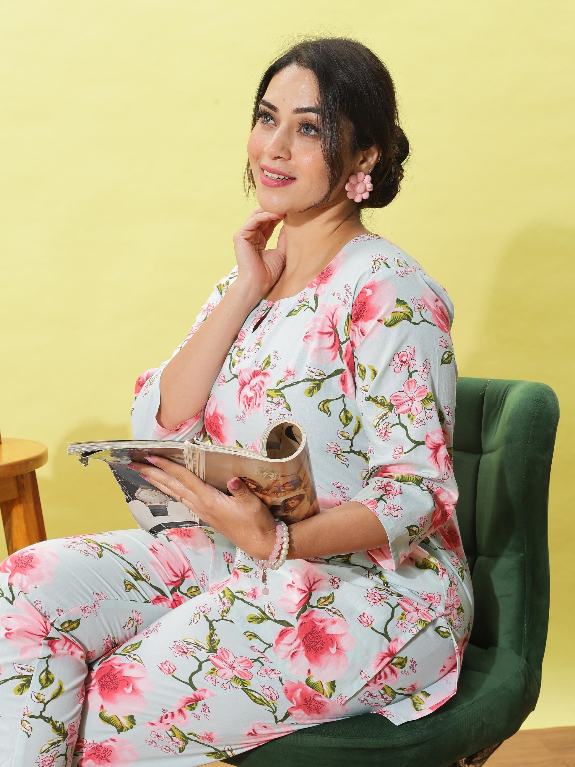 Dusty Rose Grey Floral Cotton Coord Set for Women