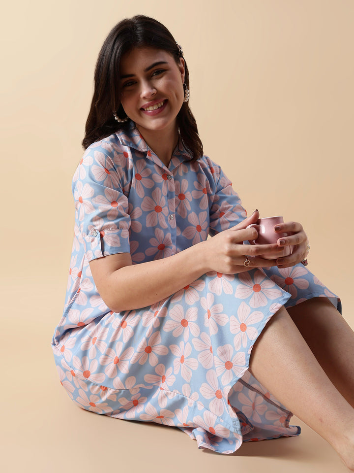 Fairy Garden Button Down Trendy Nighty Dress for Girls