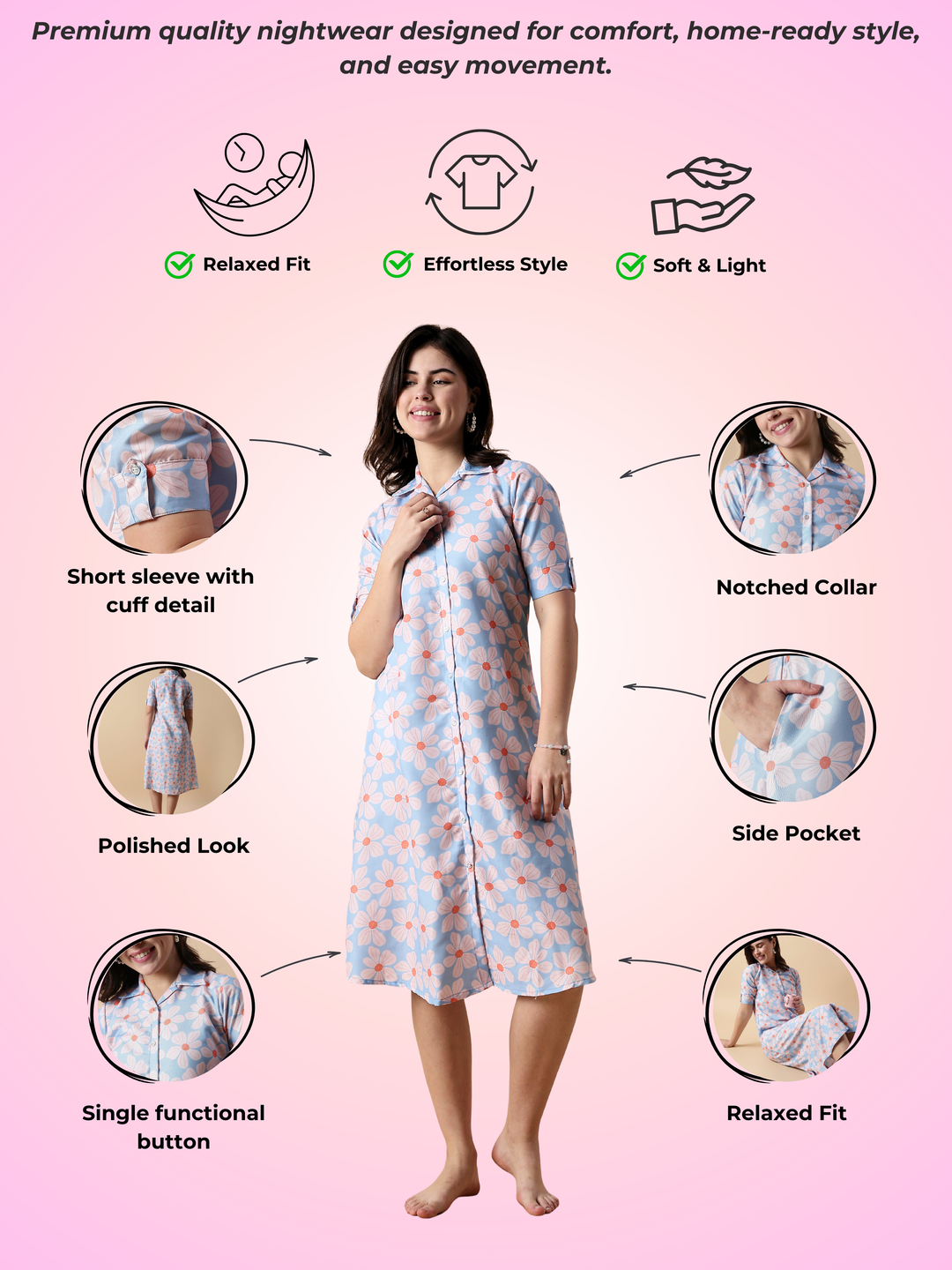 Fairy garden button down trendy nighty dress for women