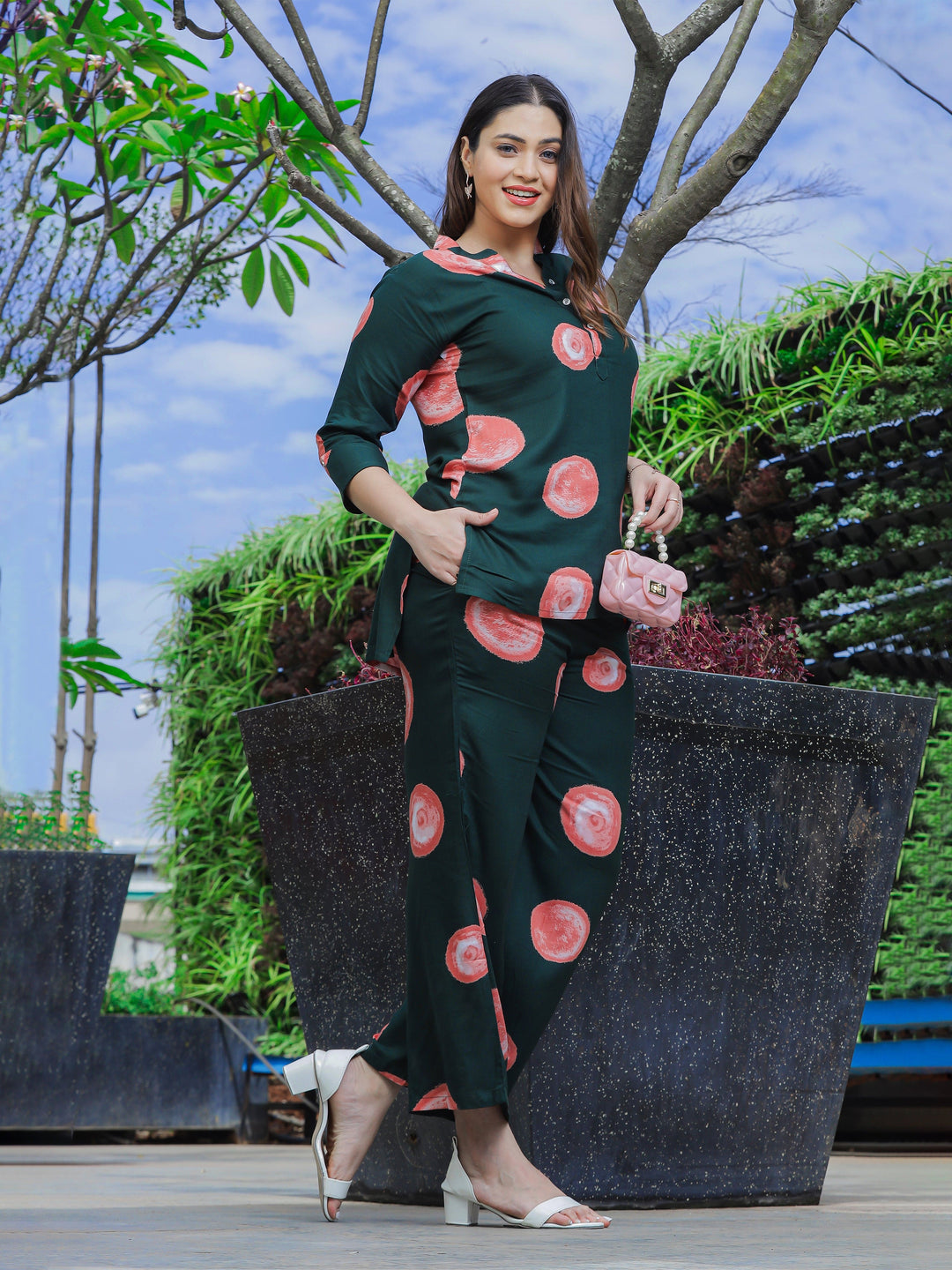 Forest Green Printed Top and Pajama Set for Women