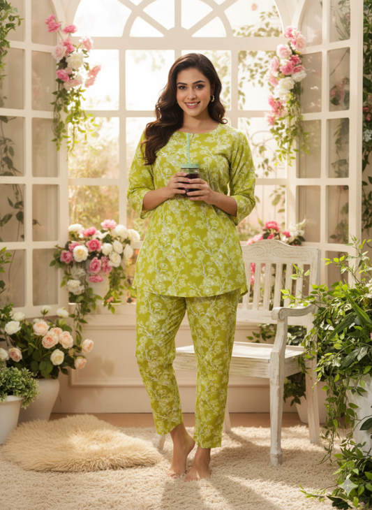 Apple Green Floral Cotton Coord Set for Women for Lounge and Casual Wear