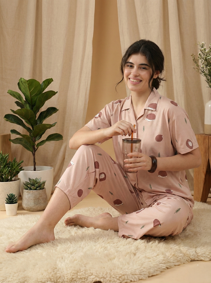 Warm Latte Hedgehog Print Soft-Lounge Set For Women