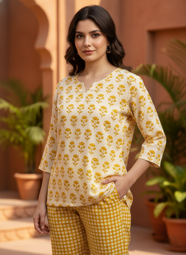 Sunburst Yellow Pure Cotton Co-ord Night Suit, Cute Comfort for Your Main-Character Moments